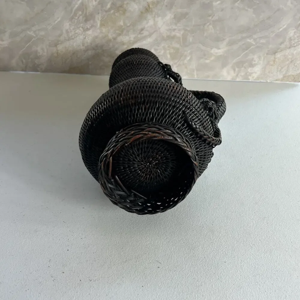 Woven Wicker Rattan Vase With Lizard Handle and Lid 13.5